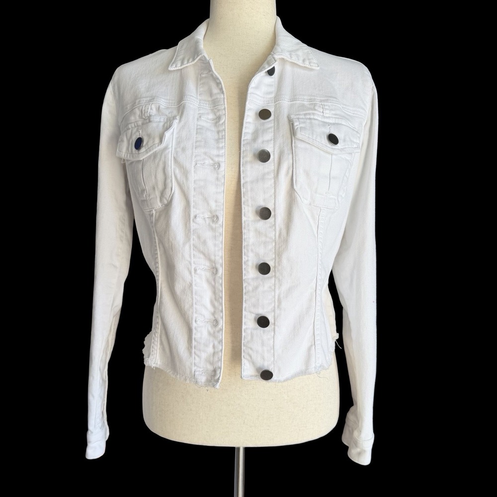 Kut From The Kloth KARA Denim Jacket Small White Frayed Hem Coastal Chic Cropped